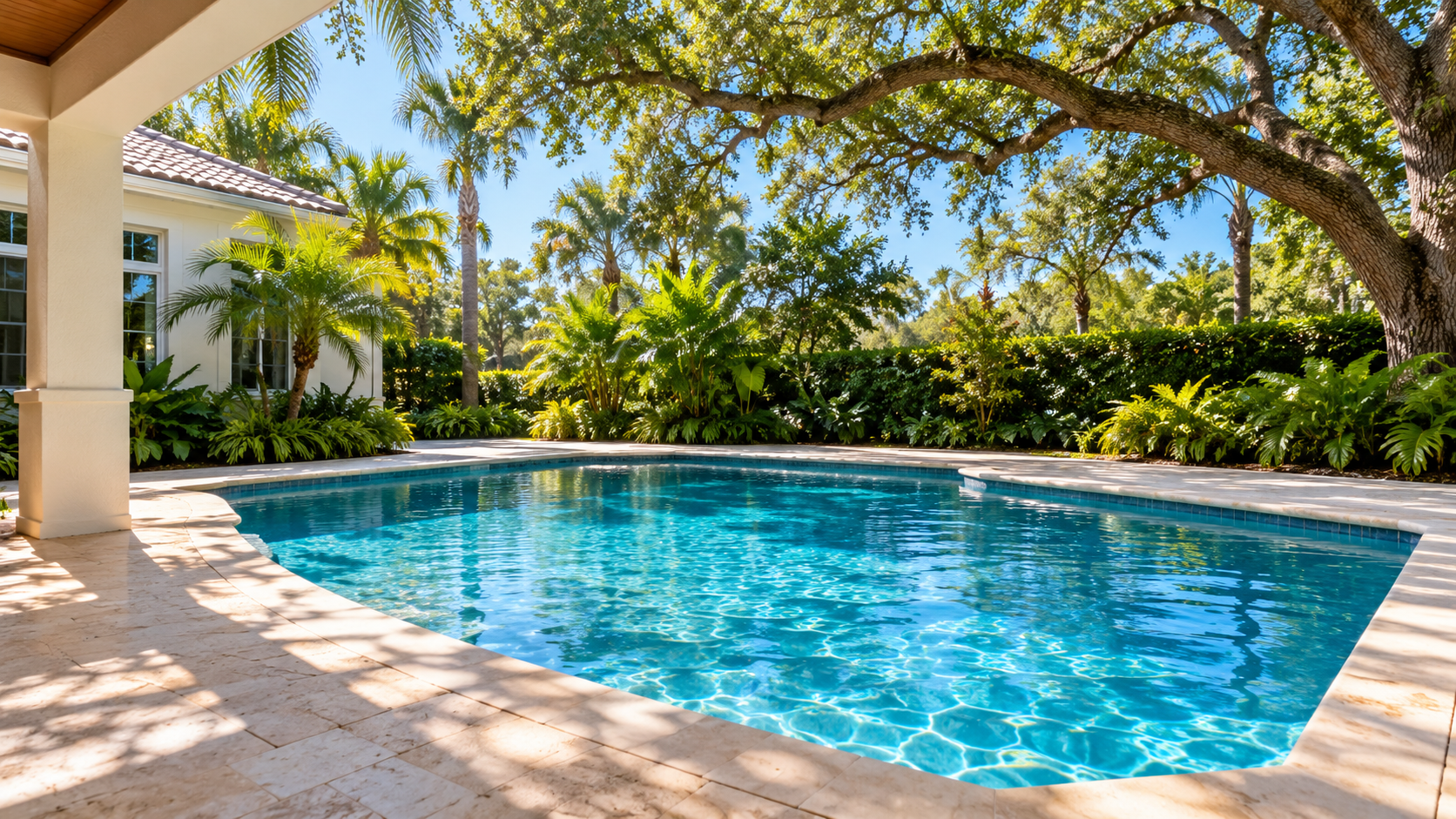 Pool pump tripping breaker shown by a clear blue residential swimming pool beneath mature Florida live oak trees.